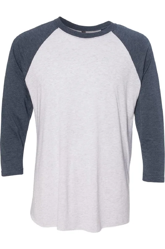 indigo sleeves/ heather white body
