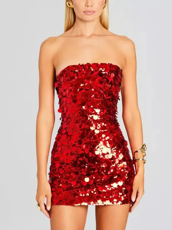 Strapless Sequined Mini Cocktail Dress in Red