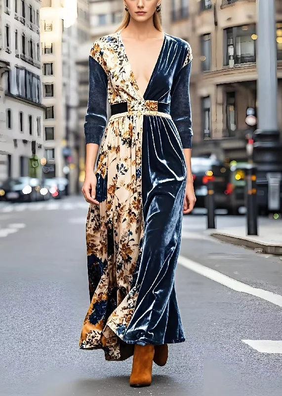 Elegant Navy V Neck Patchwork Print Silk Velvet Dresses Spring