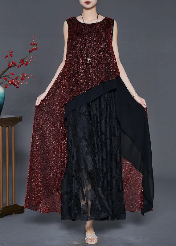 Red Patchwork Tulle Dresses Oversized Low High Design Summer