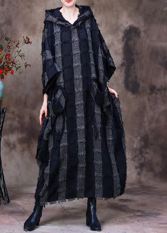Black Pockets Silk Cotton Hooded Dresses Long Sleeve