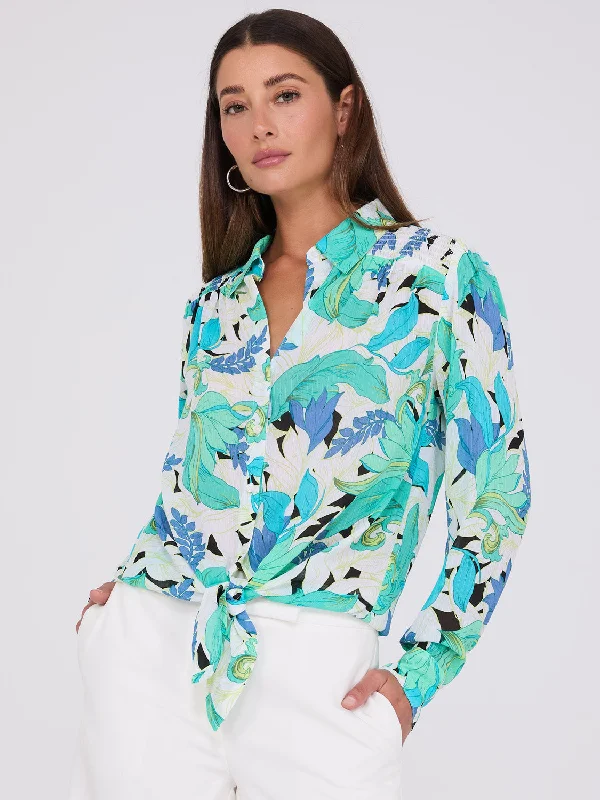 Printed Button-Front Blouse With Tie Front