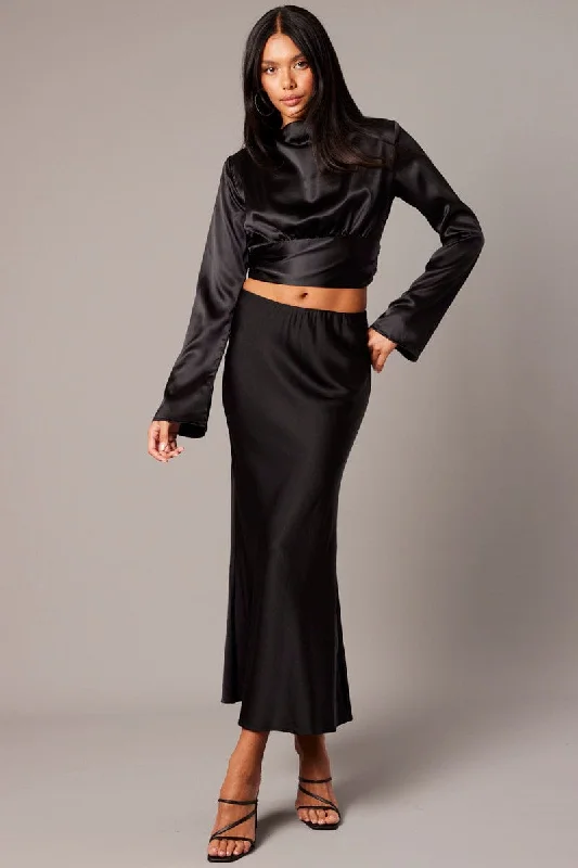 Black Backless Top Flared Sleeve High Neck Blouse