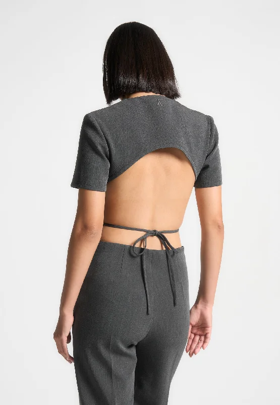 Curved Hem Backless Top with Tie - Dark Grey