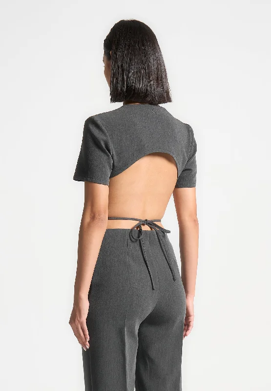 Curved Hem Backless Top with Tie - Dark Grey