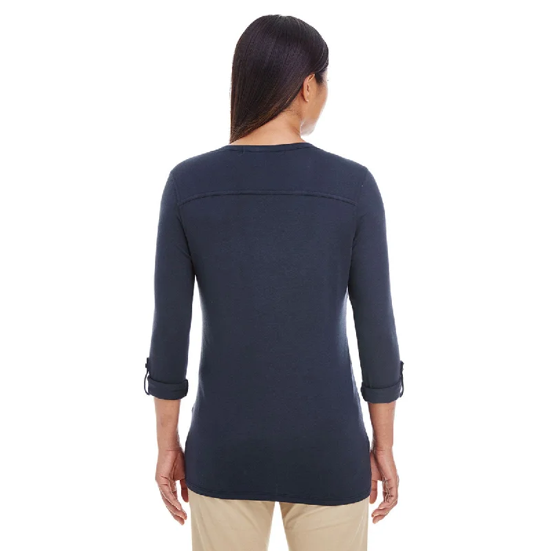 Devon & Jones Women's Navy Perfect Fit Y-Placket Convertible Sleeve Knit Top