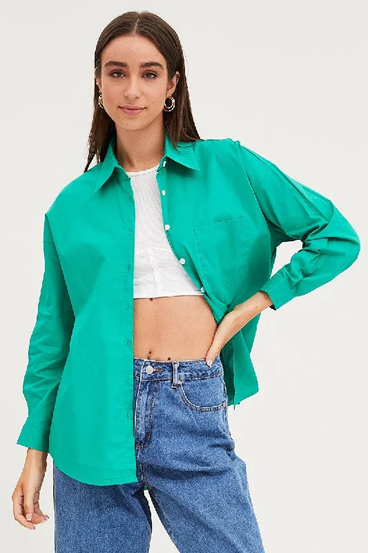 Green Relaxed Shirts Long Sleeve Button Up