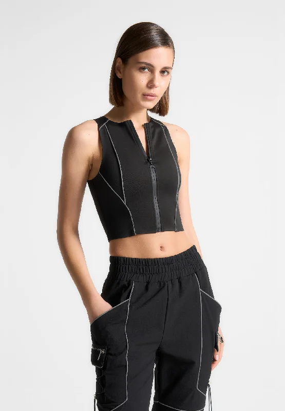 Reflective Piped Racer Crop Top - Black