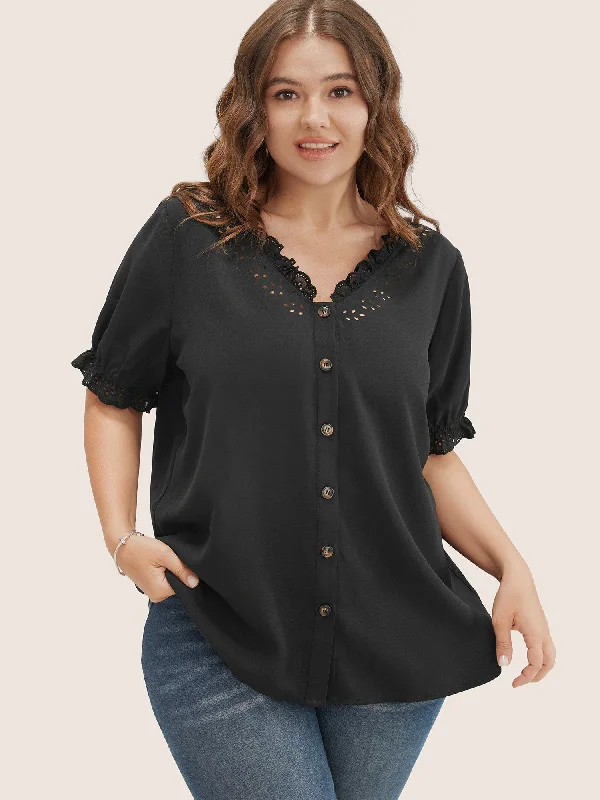 Solid Lace Trim Button Up Laser Cut Puff Sleeve Blouse