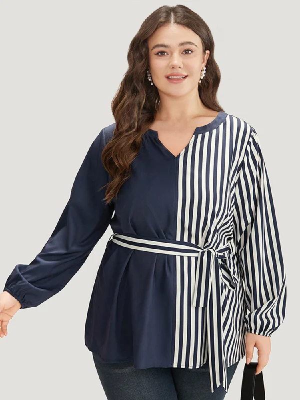 Striped Patchwork Notched Belted Lantern Sleeve Blouse