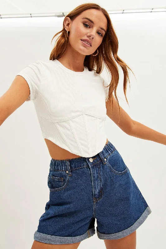 White Corset Top Short Sleeve Crew Neck Crop Baby Tee