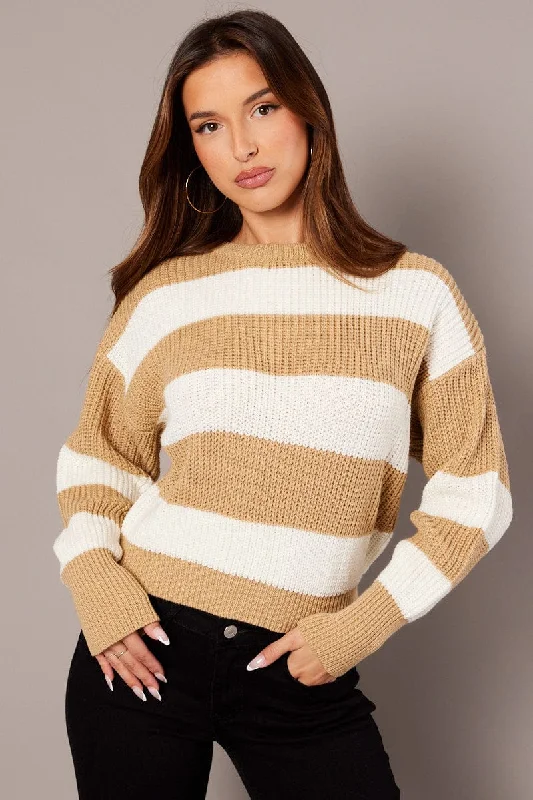 Beige Stripe Knit Jumper Long Sleeve