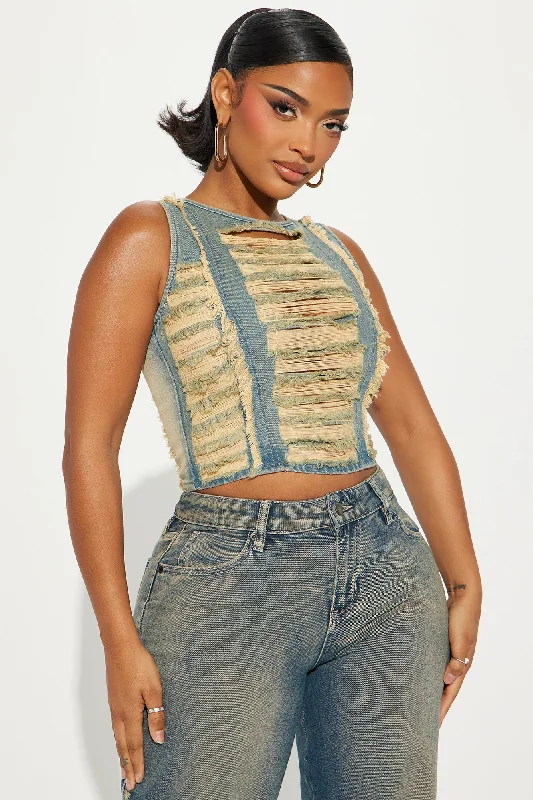 Down And Dirty Distressed Denim Top - Vintage Wash