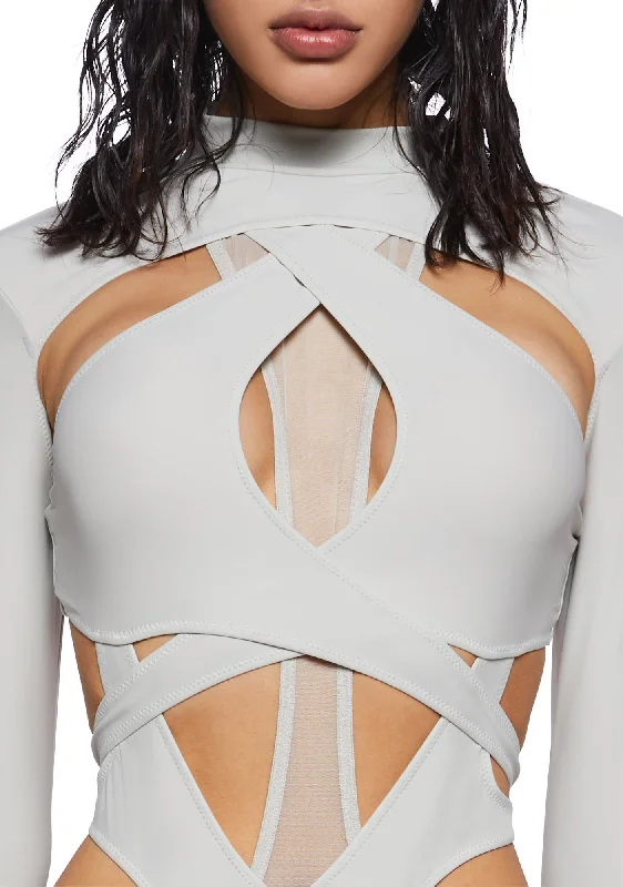 Crossfade Strappy Spandex And Mesh Bodysuit - Gray