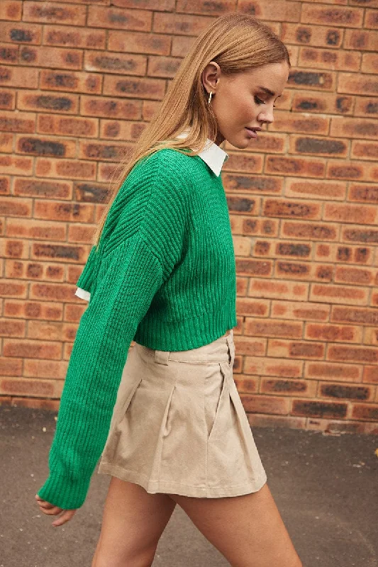 Green Knit Jumper Round Neck Long Sleeve Crop Cotton