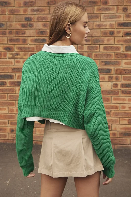 Green Knit Jumper Round Neck Long Sleeve Crop Cotton