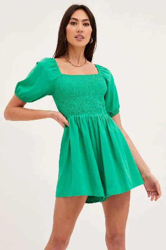 Green Playsuit Short Sleeve Square Neck