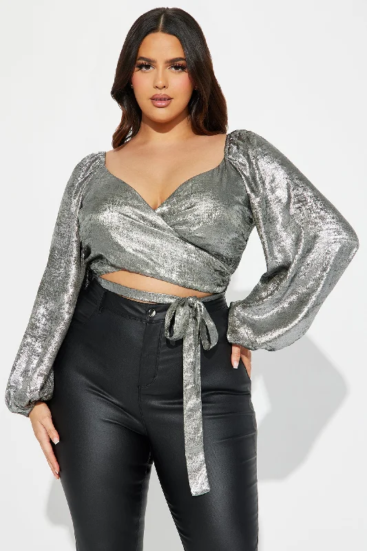 Late Nights Metallic Blouse Top - Gunmetal