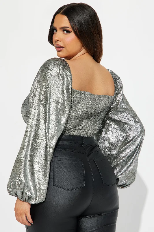 Late Nights Metallic Blouse Top - Gunmetal