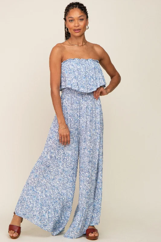 Light Blue Paisley Ruffle Strapless Jumpsuit