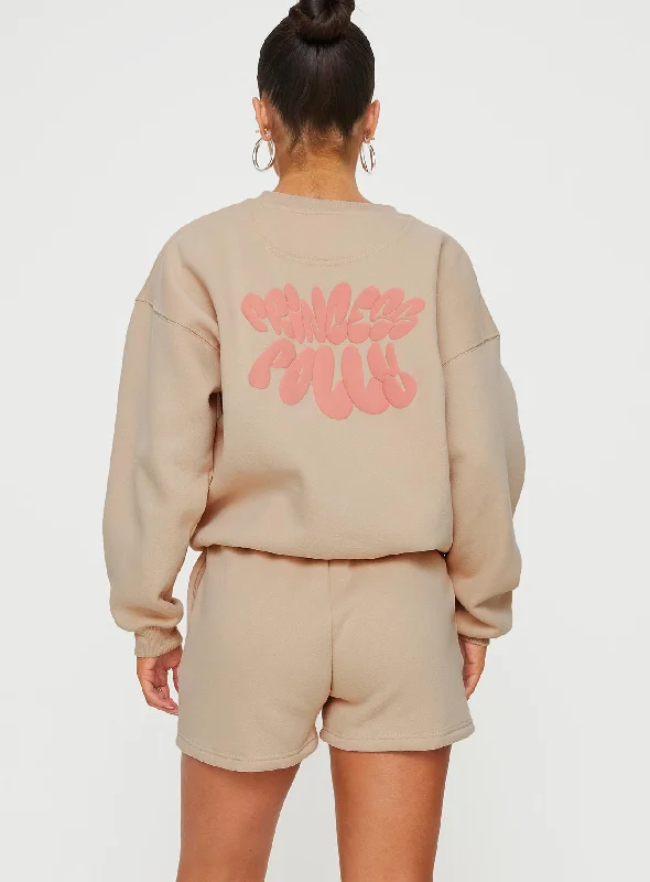 Princess Polly Crew Neck Sweatshirt Bubble Text Sand/ Pink