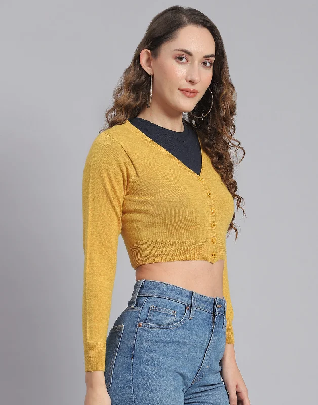 Women Mustard Solid V Neck Full Sleeve Blouse