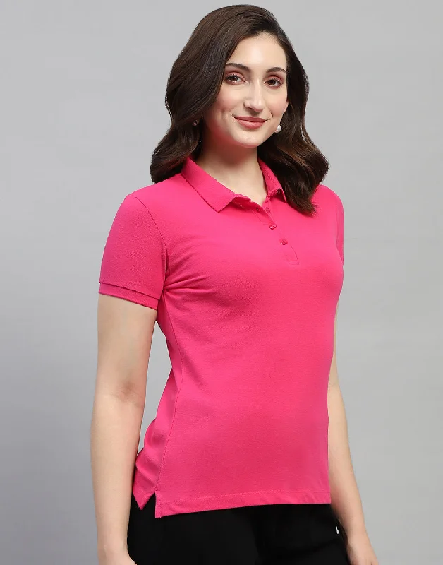 Women Pink Solid Polo Collar Half Sleeve T Shirt