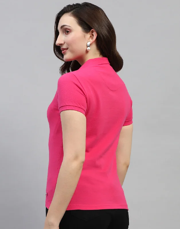 Women Pink Solid Polo Collar Half Sleeve T Shirt