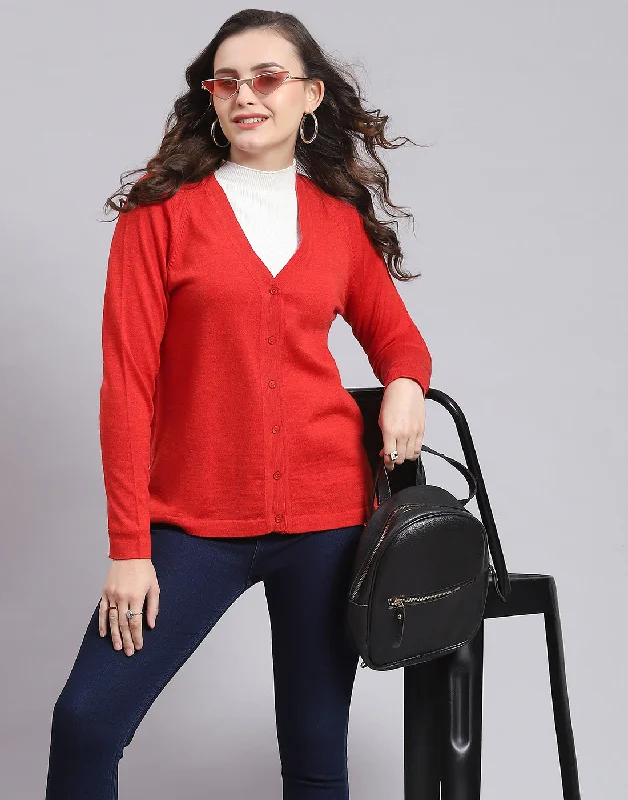 Women Red Solid V Neck Full Sleeve Sweater