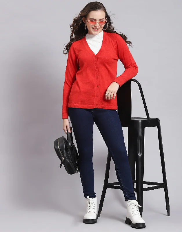 Women Red Solid V Neck Full Sleeve Sweater