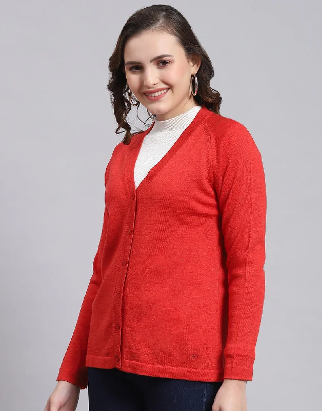 Women Red Solid V Neck Full Sleeve Sweater