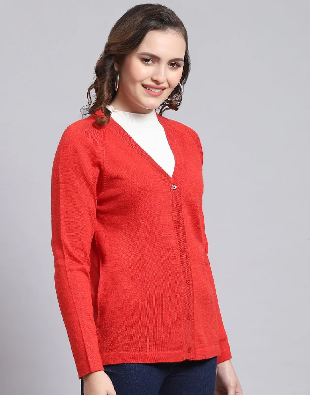 Women Red Solid V Neck Full Sleeve Sweater